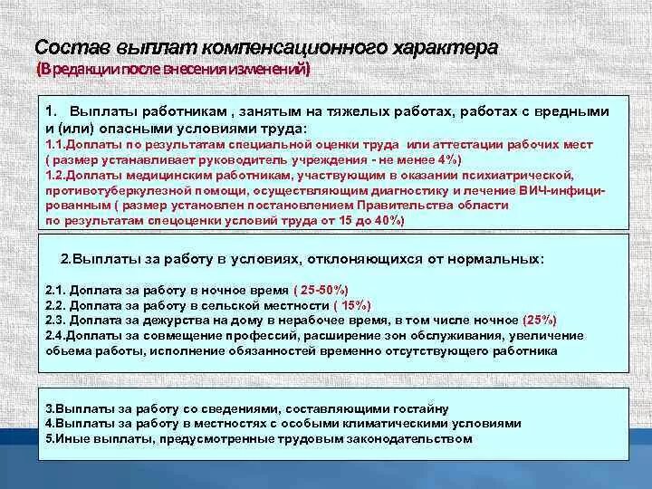 Компенсационные выплаты. Компенсации работникам. Доплаты и надбавки компенсационного характера. Порядок начисления выплат компенсационного характера.