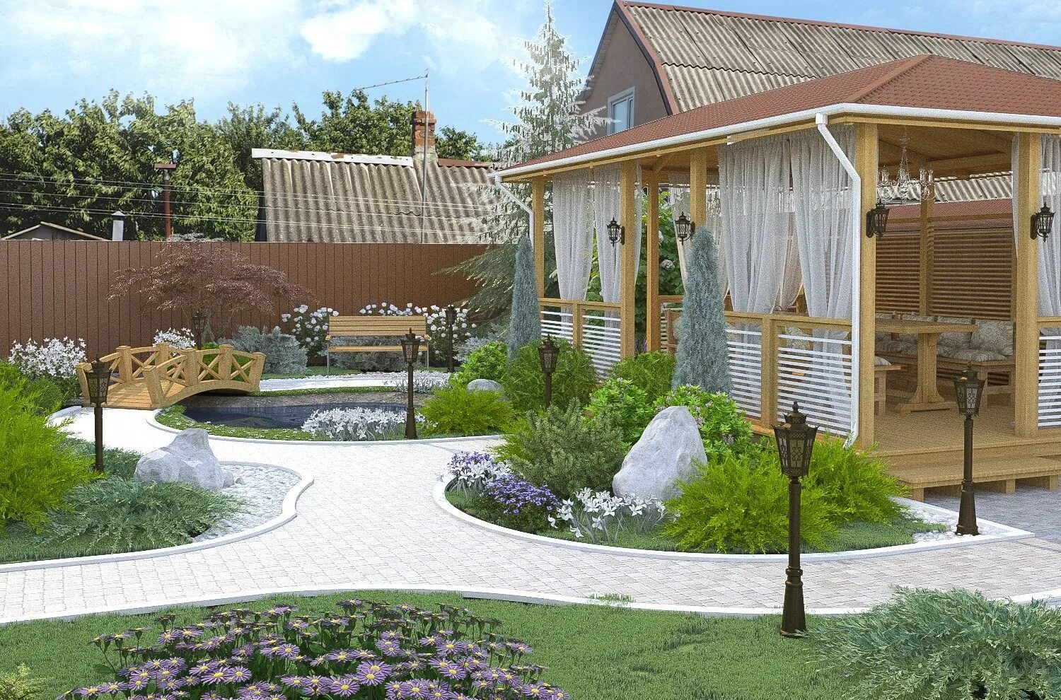 Ландшафт на даче. Приусадебный участок с огородом. Красивая зона отдыха на даче. Обустройство сада. Betboo dacha.