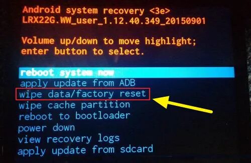 System factory reset. Wipe data factory reset. android system recovery 3e. factory data reset. volume up/down to move power to select.