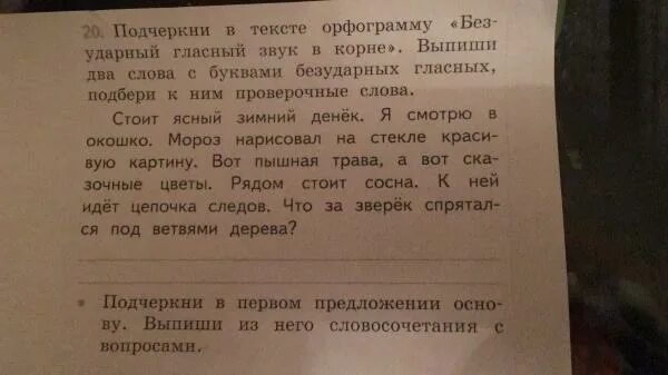 На столе в классе стояли текст. Подчеркни в тексте. Ее в тексте и подчеркни. Стоит Ясный зимний денек словосочетания с вопросами. Предложение с Ясный зимний день.