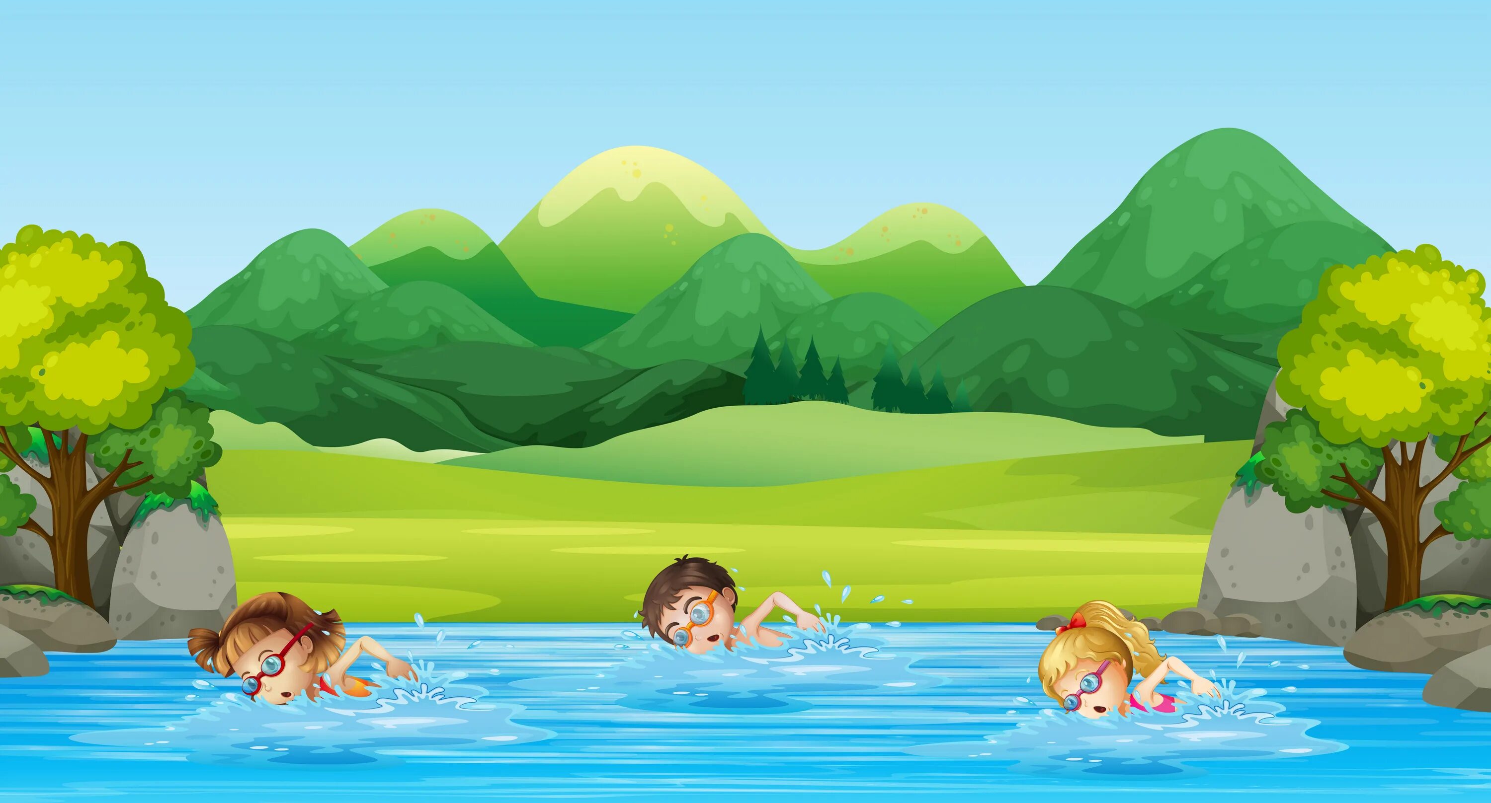 Речка мультяшная. Дети купаются в озере. Купаться в реке рисунок. Дети купаются в реке.