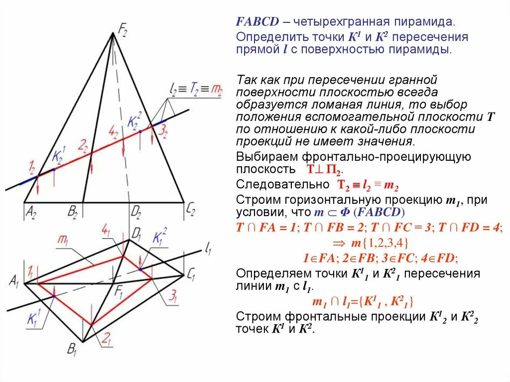 Определить точки пересечения пирамиды и прямой n. Определить точки пересечения прямой l с поверхностью пирамиды. Точки пересечения прямой с поверхностью пирамиды. Точка пересечения прямой и плоскости в пирамиде. Определение точек на поверхности