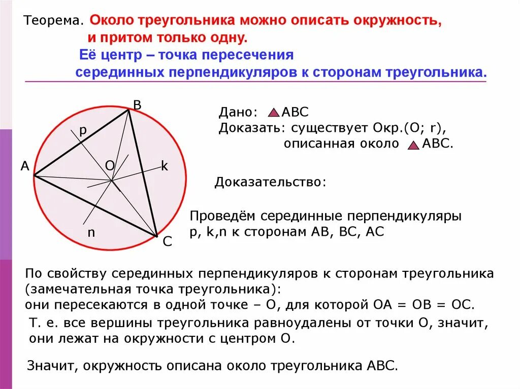 Вокруг любого треугольника можно провести окружность. Теорема о центре окружности описанной около треугольника. Центр описанной окружности равноудален от. Окружность описанная около остроугольного треугольника. Теорема о центре описанной окружности.