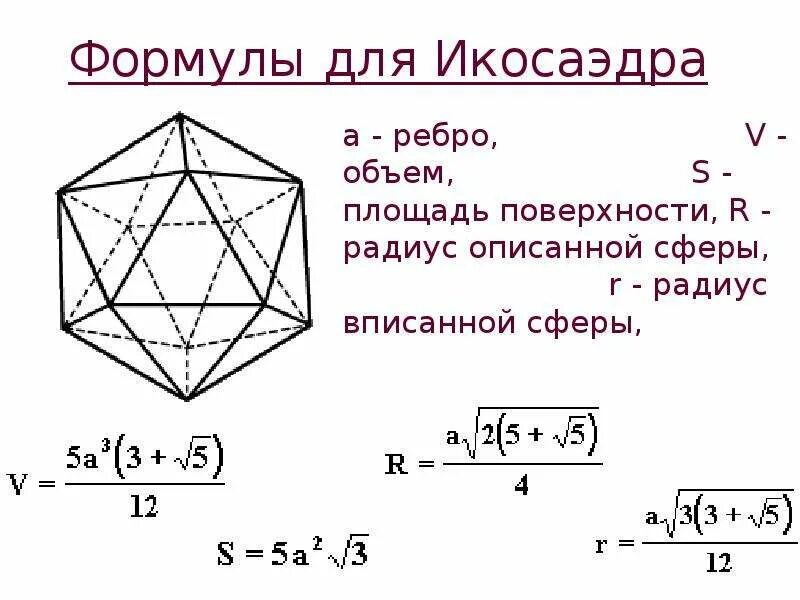 Площадь поверхности тетраэдра формула. Икосаэдр площадь полной поверхности формула. площадь правильного икосаэдра формула. площадь поверхности икосаэдра. формула площади поверхности икосаэдра.