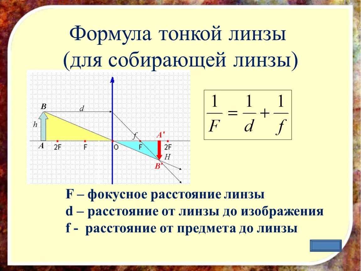 Формула тонкой линзы для собирающей линзы. Оптика физика 11 класс формулы линз. Формула f физика линзы. Формула тонкой собирающей линзы.