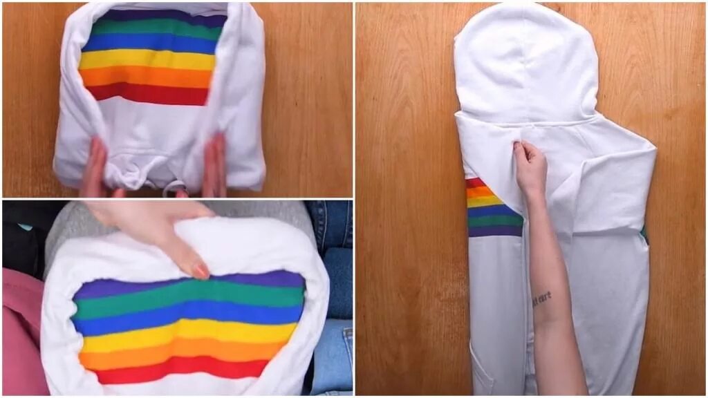 Способы складывания одежды. Компактно сложить худи с капюшоном. Сложить кофту с капюшоном компактно. Как сложить худи с капюшоном. Сложить толстовку с капюшоном.