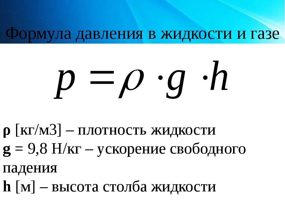 Формула давления жидкости 7 класс физика. Формула нахождения давления. Формула расчета давления. Формула определения давления. От каких величин давление в жидкости