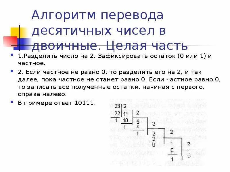 Переведи данное десятичное число в двоичную. Алгоритм перевода числа из двоичной системы счисления в десятичную. Алгоритм перевода чисел из десятичной системы в двоичную. Паскаль перевод числа из десяти Ной в двоичную систему. Алгоритм из двоичной в десятичную.