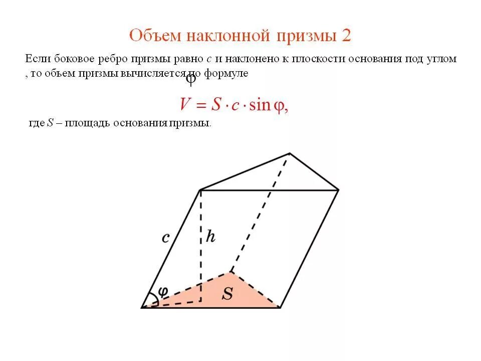 Площадь призмы параллелепипеда. Формула нахождения объема наклонной призмы. объем наклонной призмы формула. объём наклонной призмы через синус. формула вычисления объема наклонной призмы.
