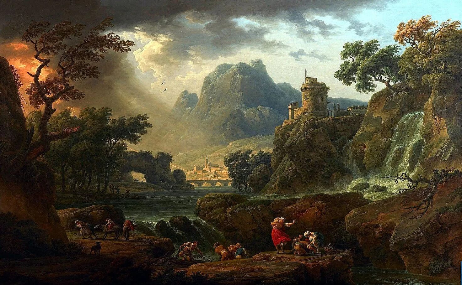 Обои картины. Верне Клод-Жозеф (1714-1789). Верне, Клод Жозеф (Vernet, Claude-Joseph). Клод-Жозеф Верне. Итальянский пейзаж. Клод-Жозеф Верне, "a Landscape at Sunset".
