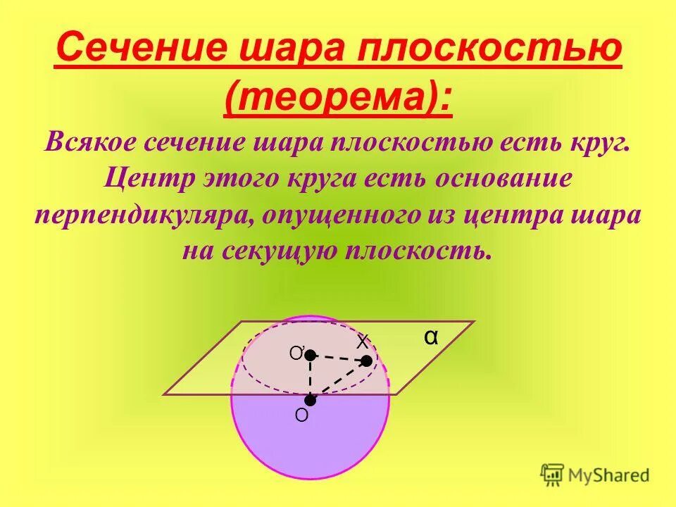 Центр сечения шара. Диаметральное сечение шара. Сечение шара диаметральной плоскостью. Всякое сечение шара плоскостью есть. Теорема о сечении шара плоскостью.