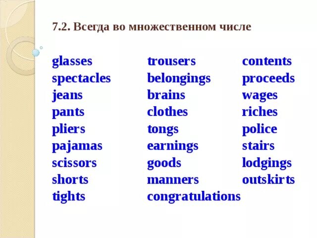 Существительные всегда во множественном. Существительное только во множественном числе в английском. Слова только во множественном числе в английском языке. Существительные всегда во множественном числе в английском. Существительные в единственном числе в английском языке.