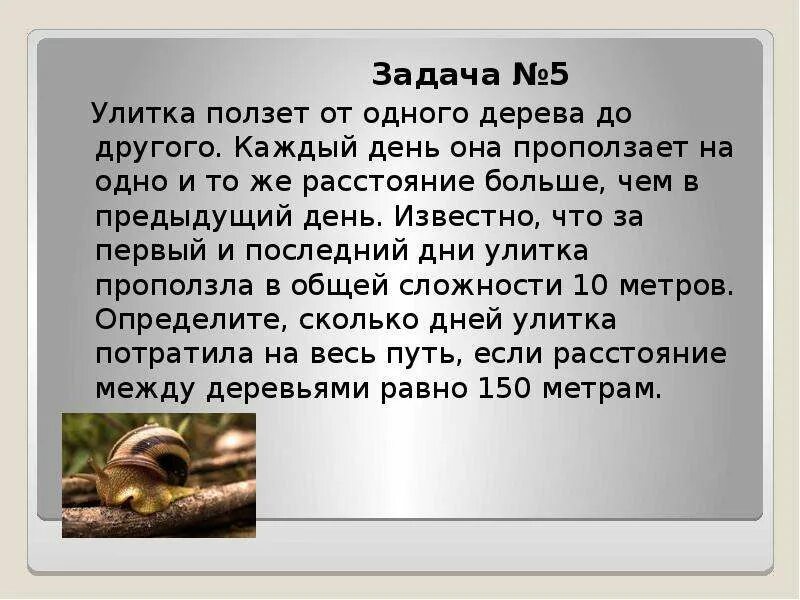 Улитка проползает от одного дерева до другого. Улитка ролзет от одного дерева додрушого. Ползет улитка каждый день она проползает. Задача про улитку