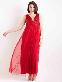 Red long sequins and mesh formal evening dress bridesmaid’s gown 