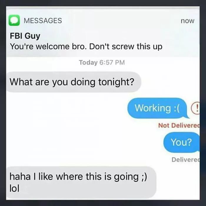 FBI guy. Сообщение от ФБР. What are you doing Now, текст. You re Welcome текст.