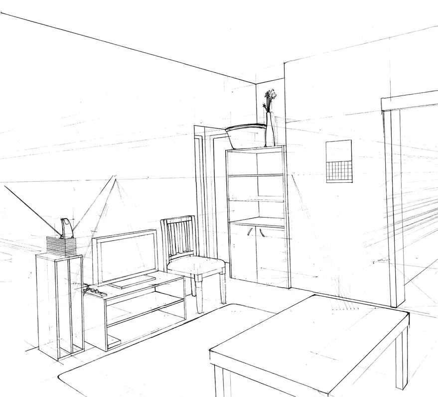 Рисунок комнаты 7 класс легко. Рисование комнаты с мебелью. Комната в перспективе. Эскиз комнаты. Комната карандашом.