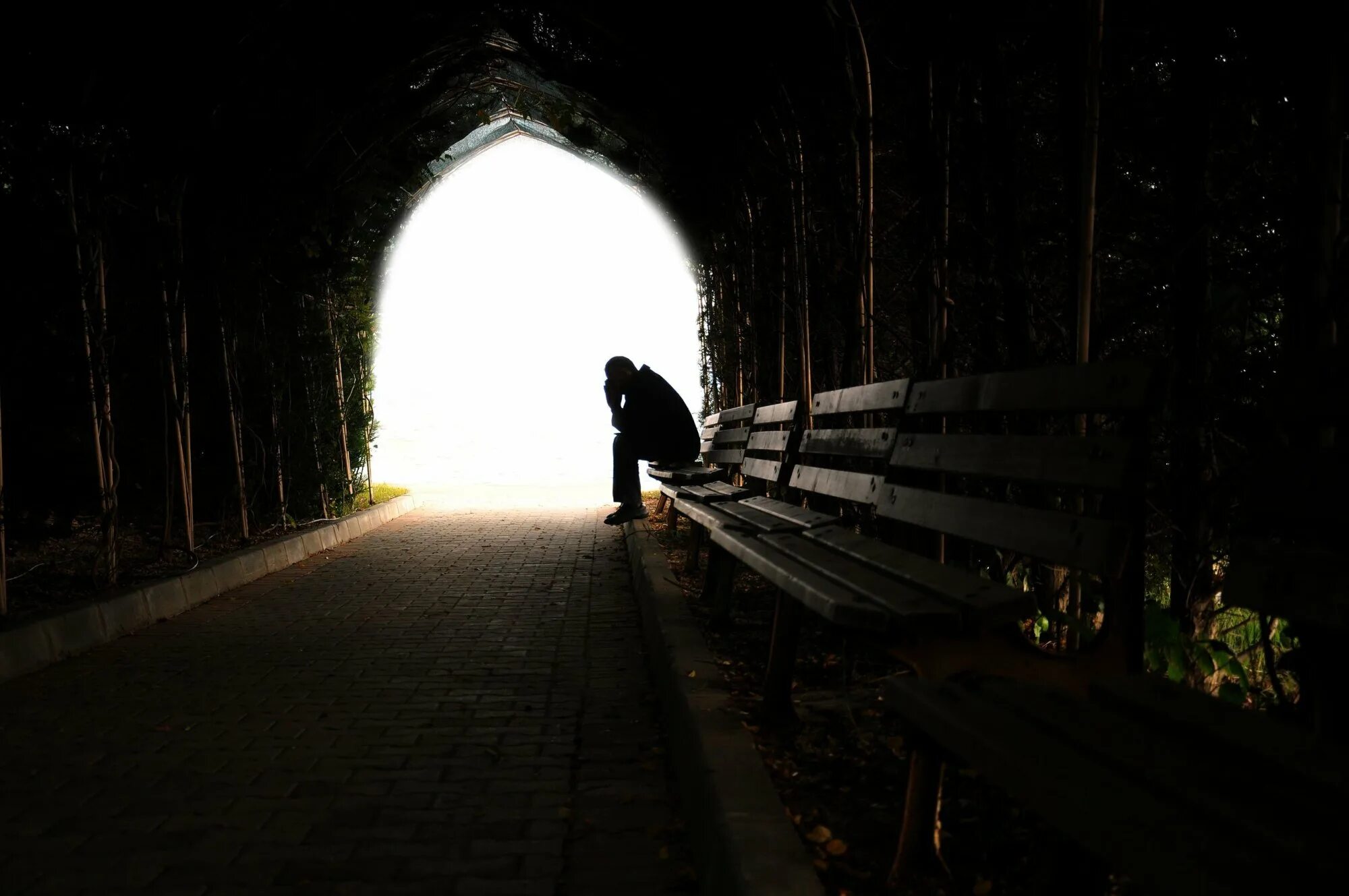 В парке в полной темноте упр 364. Свет в конце тоннеля. Уходящий в темноту. Мрак одиночество. Одинокий человек.
