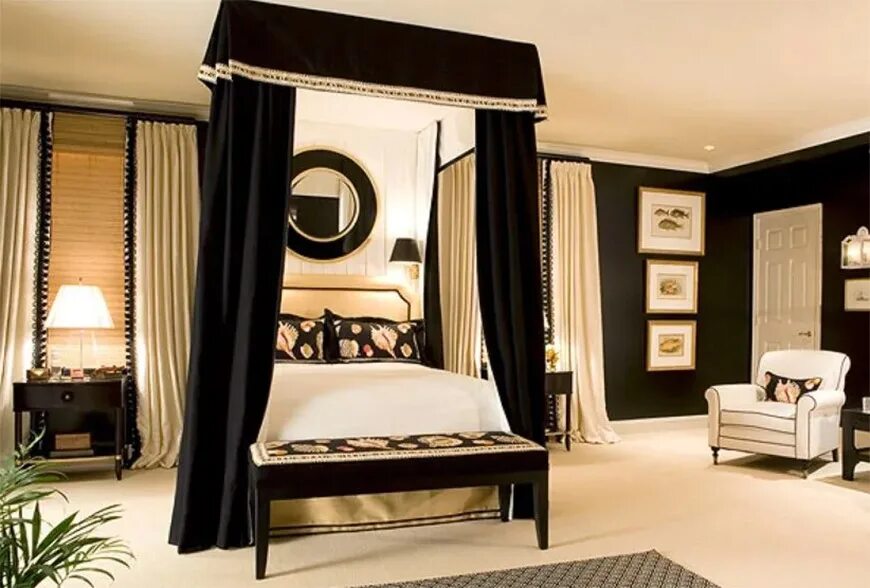 Темная слоновая кость. Спальня черная с золотом. Кровать с балдахином. Спальня с черной мебелью. Кровать с черным балдахином.