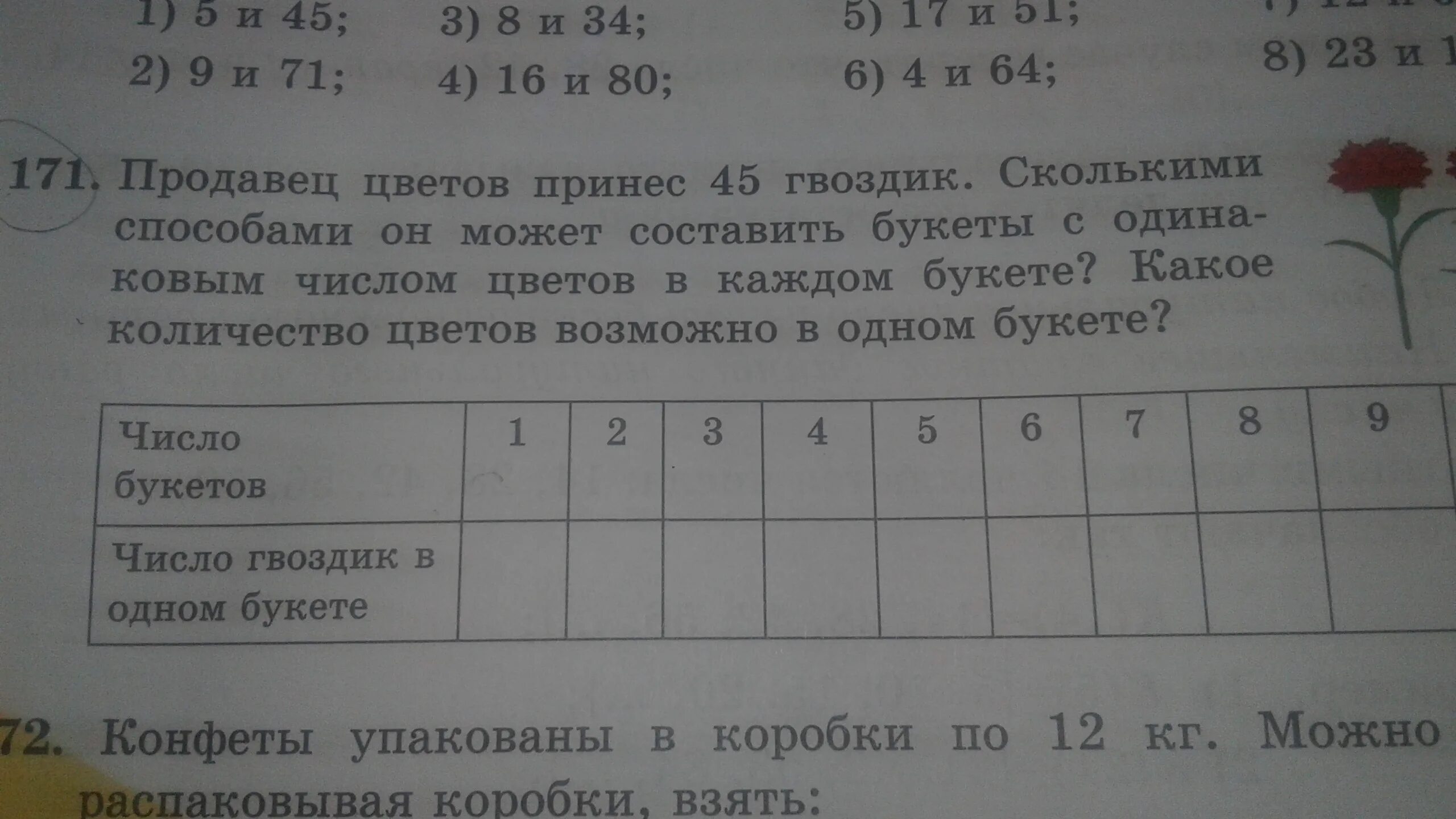 Какое наименьшее количество роз к 186. Продавец цветов принес 45 гвоздик. Сколько гвоздик было в букете?. 5 Букетов по 15 роз решение задачи по математике. Было 90 гвоздик продали.