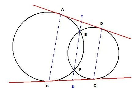 Общая касательная к двум пересекающимся окружностям