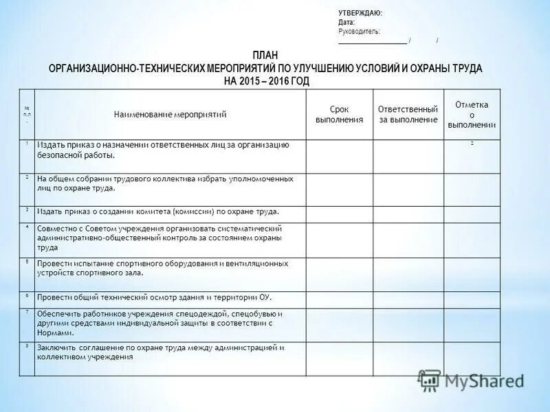 План мероприятий по улучшению условий по охране труда. План организационно технических мероприятий по охране труда. План организационно технических мероприятий по охране труда. План мероприятий по улучшению условий охраны труда на предприятии. План мероприятий по охране труда и технике безопасности.