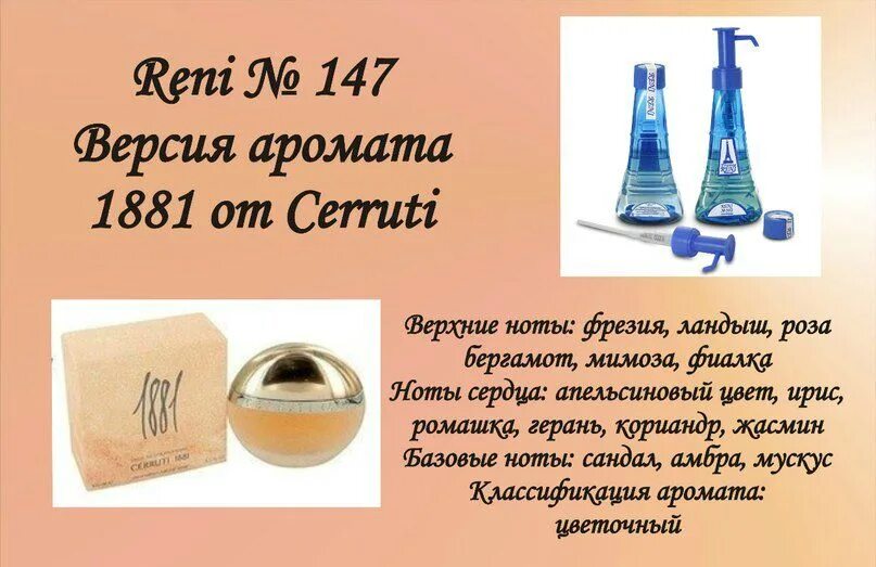 Приключения рени. Рени черутти 1881 номер духи. 1881 Cerruti в Рени. Духи Reni 147 - 1881-Cerruti. 1881-Cerruti (Cerruti) 100мл Рени.