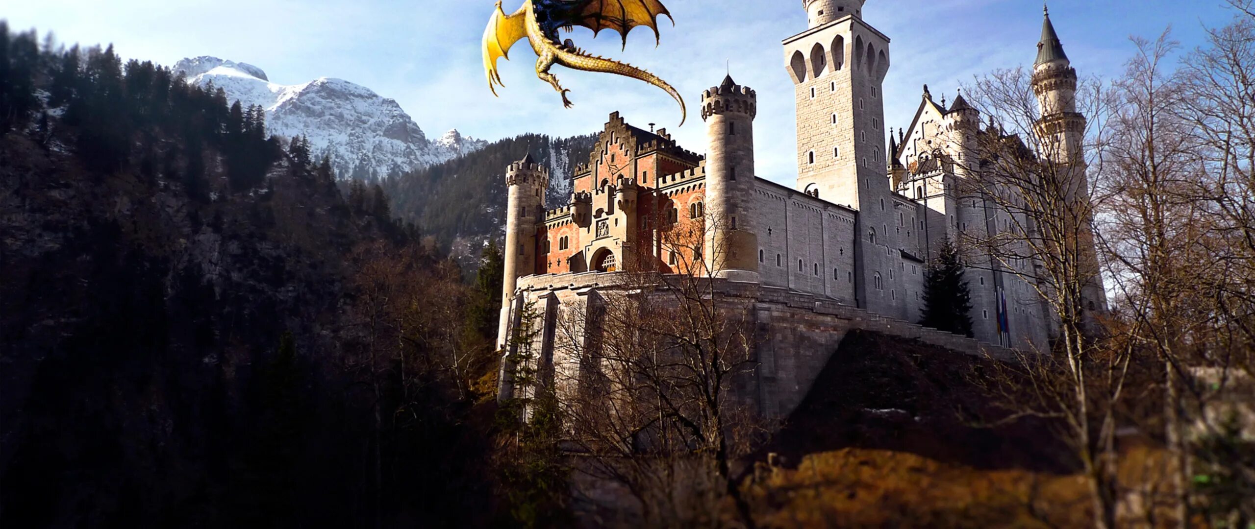 In the castle the dragon s. Картинки на рабочий стол. фото драконов у замка. замки с драконом красивые фото. castle 2560 1080.