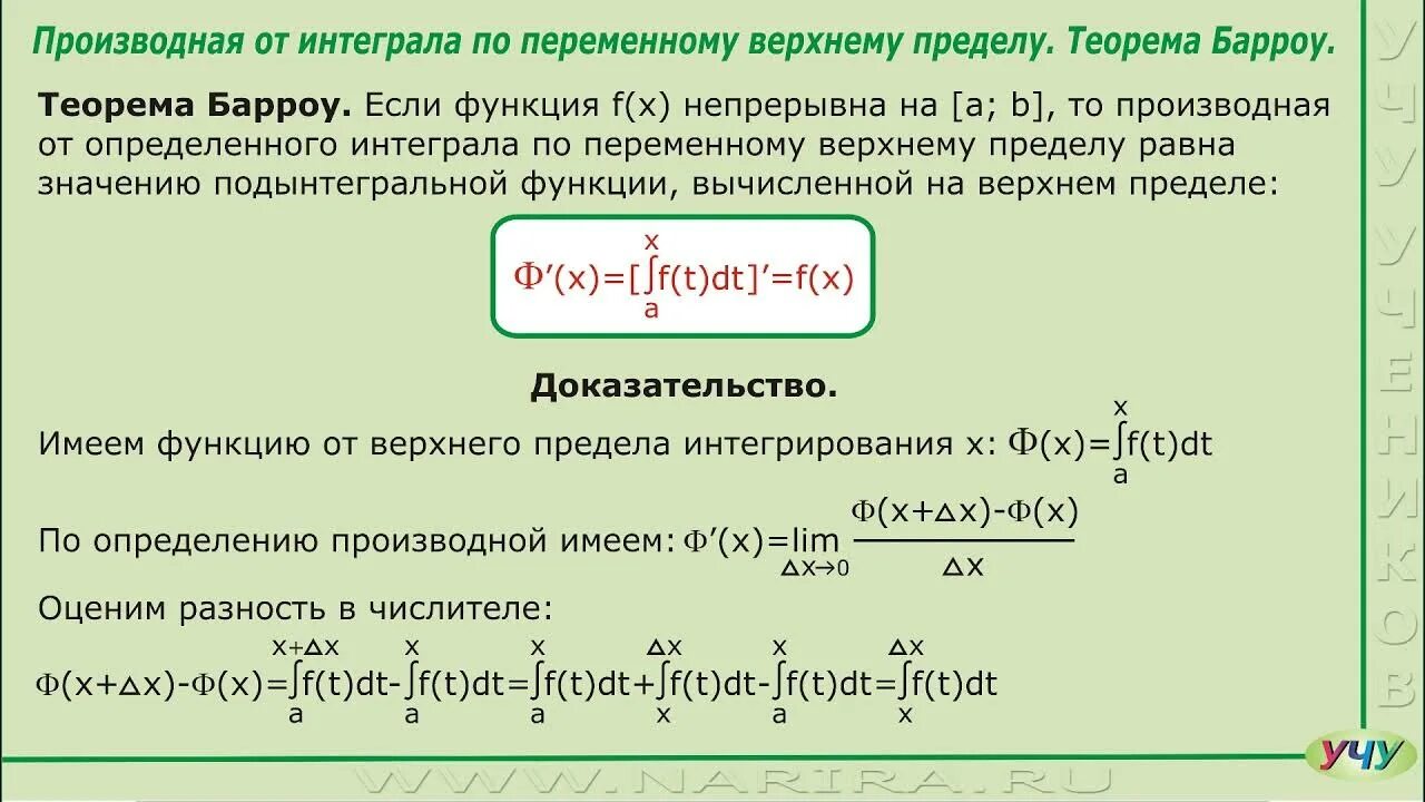 Теорема Барроу о производной интеграла с переменным верхним пределом. Производная интеграла по переменному верхнему пределу. Производная интеграла с переменным верхним пределом. Производная от интеграла с переменным верхним пределом. Интеграл с переменными пределами