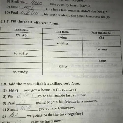 Fill in the correct indefinite. 2.1.7 fill the chart with verb forms. 7. fill in the missing forms of the verbs.