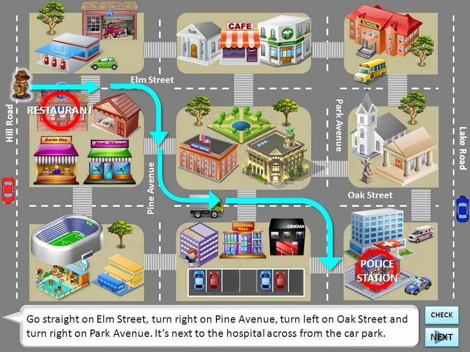 In the right left corner. On the street тема английский. giving directions for kids. giving directions map. map for kids directions.