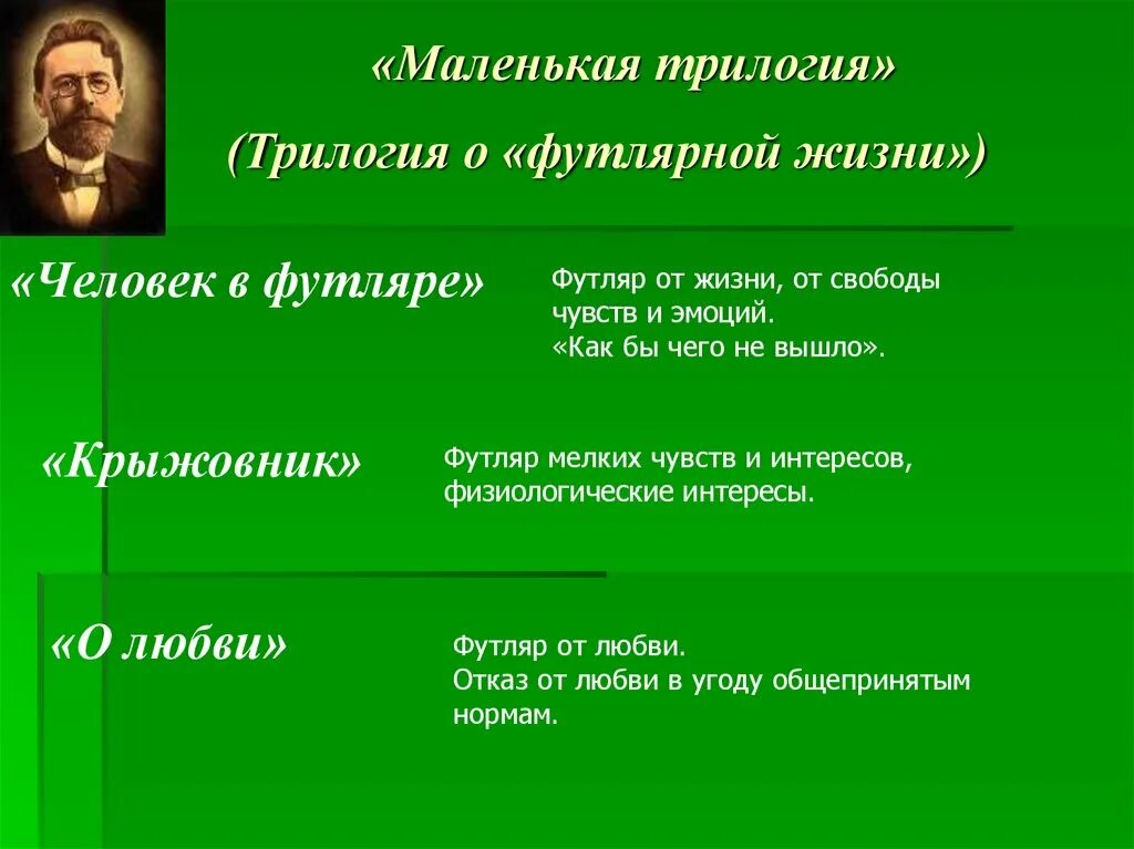 Человек в футляре основная мысль. Трилогия Чехова человек в футляре крыжовник о любви. Чехов маленькая трилогия. Таблица маленькая трилогия Чехова. Чехов футлярная трилогия.