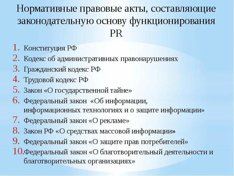 Нормативные акты это какие документы. Нормативно-правовой акт. Правовые основы пиар. Правовые основы PR-деятельности. Какие есть законодательные акты.