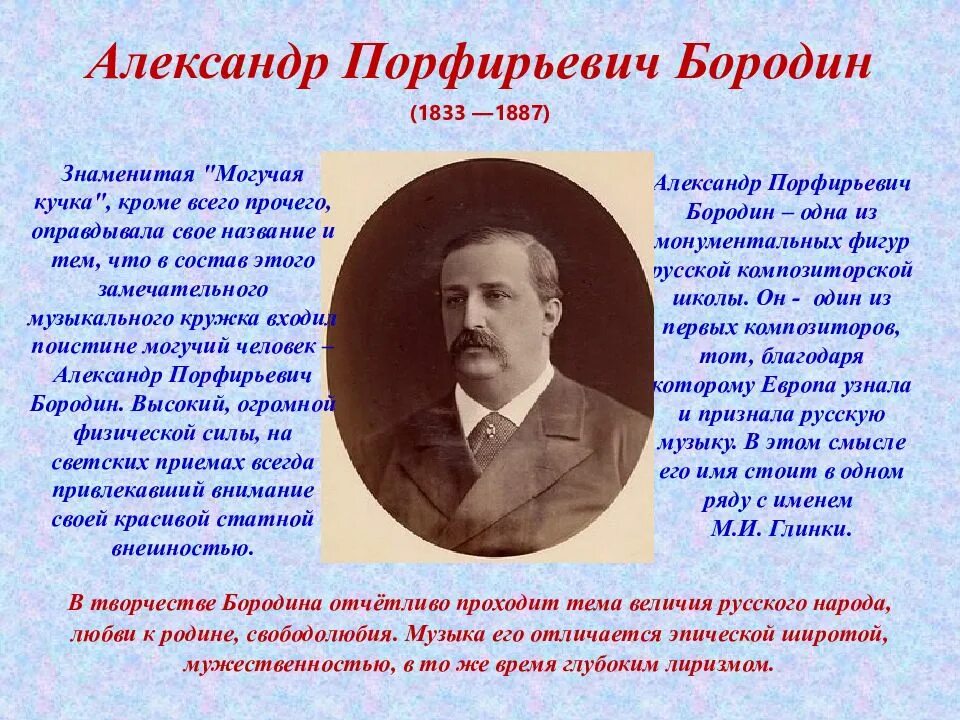 Тема любви в творчестве русских композиторов. .П. Бородин: творческая биография. Сообщение о композиторе а.п. Бородин.