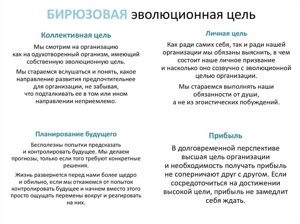 Лалу организации будущего. Эволюционная цель бирюзовой организации. Бирюзовые организации. Бирюзовая организация принципы. Эволюционная цель примеры.