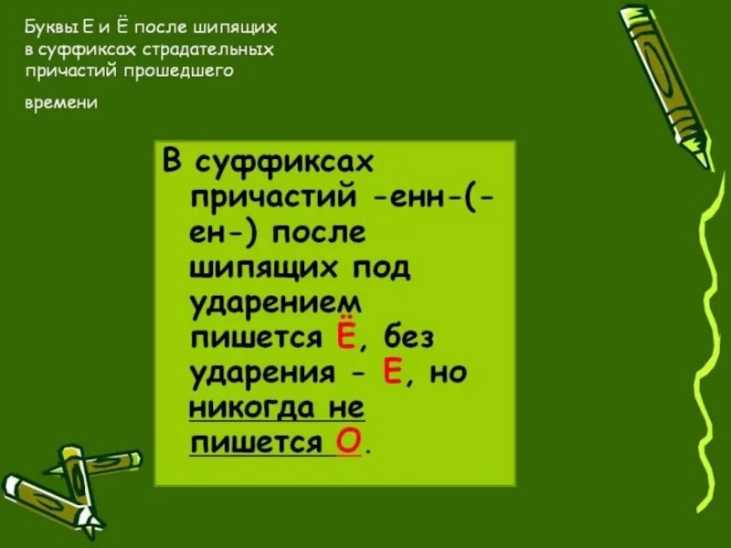 О е в суффиксах причастий. Буква ё после шипящих в суффиксах причастий. Буква ё после шипящих в суффиксах страдательных причастий. Буквы е и ё после шипящих в суффиксах страдательных причастий. Правописание о и ё после шипящих в причастиях.