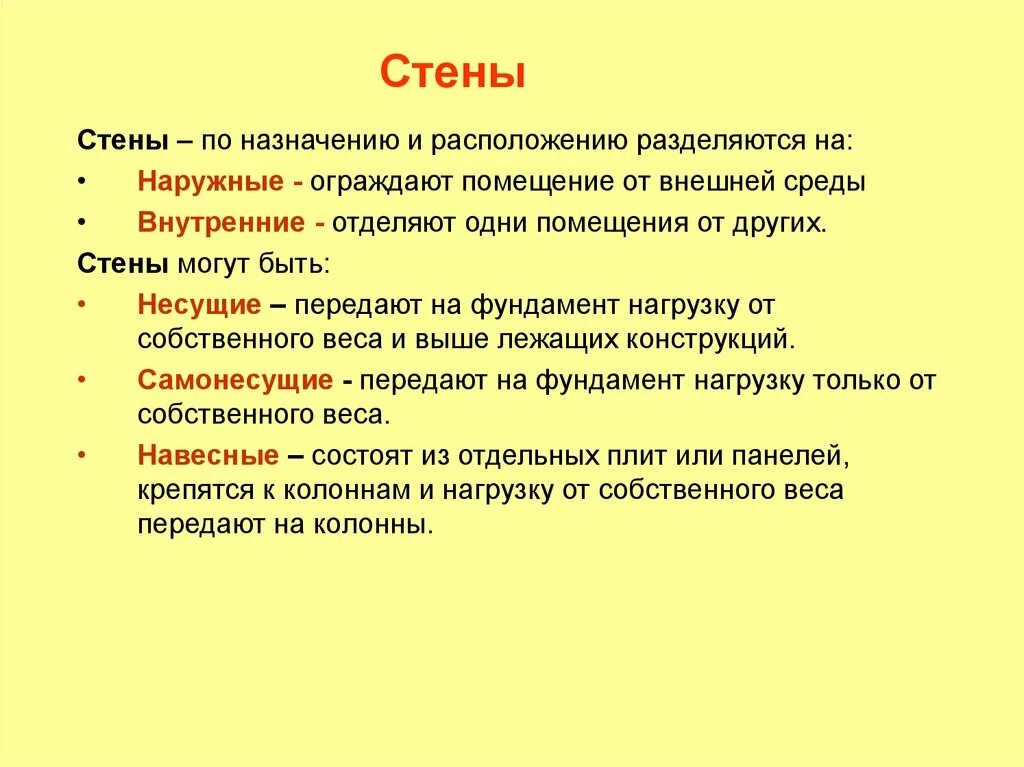 Виды и назначение стен. Назначение стен по характеру работы. назначение стен.