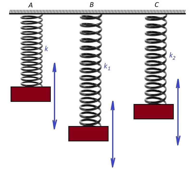 Пружина с прогрессивной жесткостью. 2 Пружины с коэффициентами жесткости. Колебания пружины с подвесом. Пружина короткая и длинная.