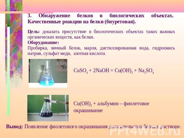 Белок и сульфат меди 2. Качественные и цветные реакции. Яичный белок и сульфат меди. Денатурация белка сульфатом меди. Биуретовая реакция белков.