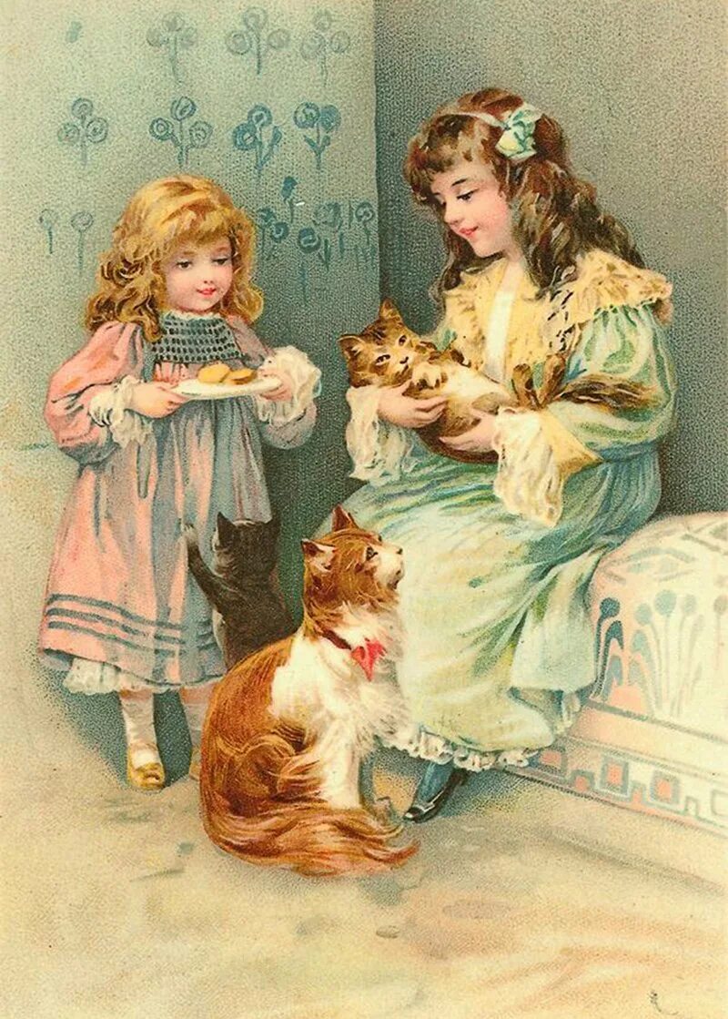 Старинные открытки добрый вечер. Винтажные картинки. Винтажные девочки с котиками. Ретро открытки. Винтажные открытки с котом.