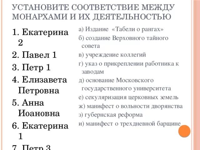 Соответствие между именами и общественным движением. Установите соответствие. Коллегия. Установите соответствие между событиями и монархом. Установите соответствия между историческими понятиями и монархами. Установите соответствие между именами монархов и их заслугами.