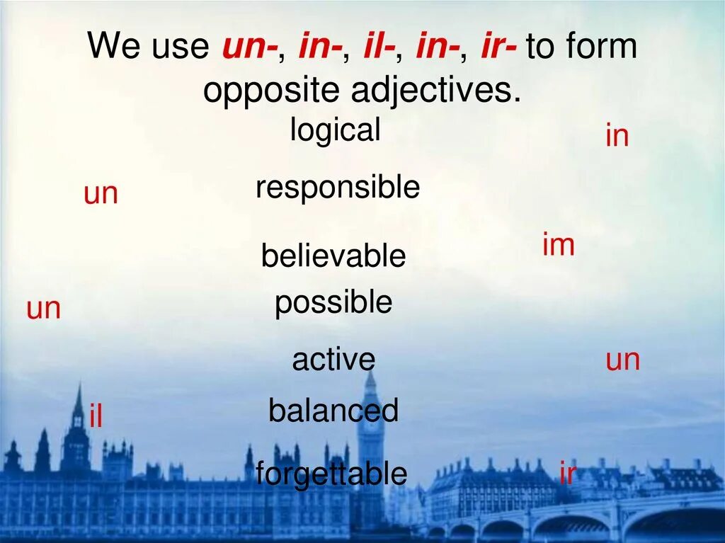 Spotlight 7 presentation. Un il im in ir правило. Im ir in в английском языке. Приставки im in un il ir in. Il im ir в английском.