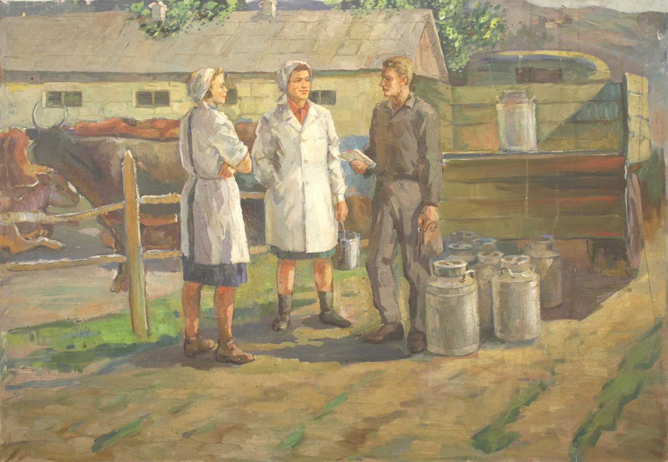 У доярки есть 2 пустых. Художник баскаков доярки. доярка картина. доярка живопись. доярки на картинах советских художников.