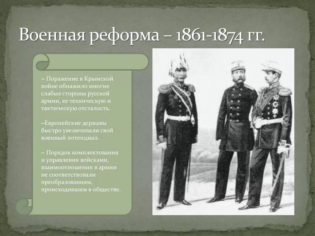 Мера изменившая порядок комплектования армии. Воинская реформа 1861-1874. Военная реформа 1860.