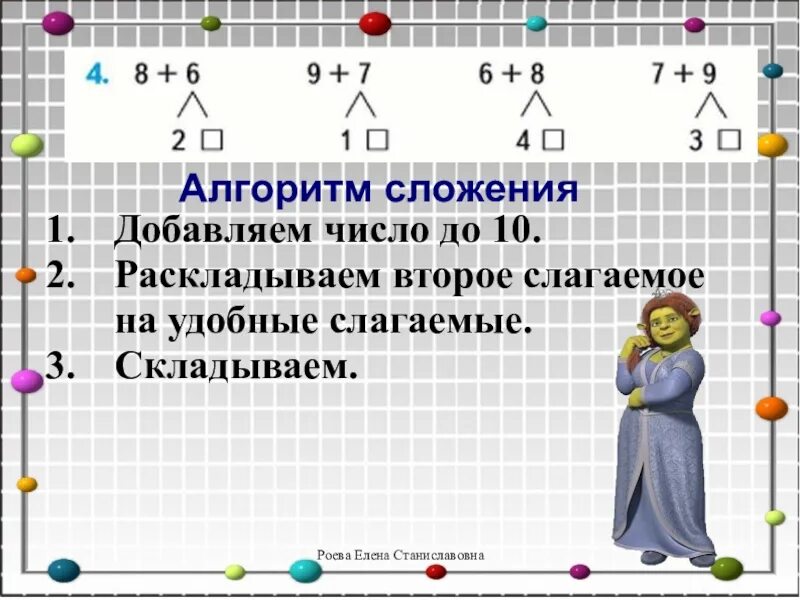 Сложение с переходом через разряд 1 класс. Алгоритм сложения с переходом через десяток. Разложение на удобные слагаемые. Табличное сложение однозначных чисел. Алгоритм вычитания с переходом через десяток.