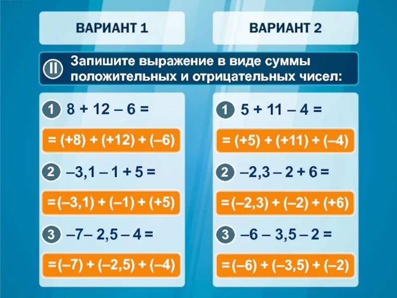 Представить выражение в виде суммы. Запишите выражение без скобок. выражение в виде суммы положительных и отрицательных чисел. сумма отрицательного и положительного числа. представь выражение в виде суммы положительных и отрицательных чисел.