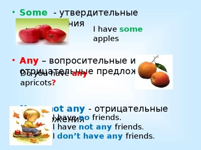 Has got some apples. Предложения с some и any. Some в отрицательных предложениях. Some any в отрицательных предложениях. Some any в вопросительных предложениях.