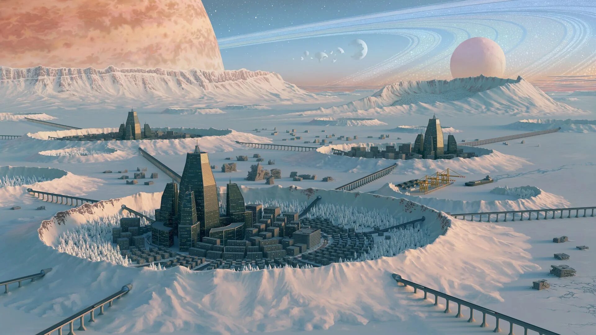 Будущая зима. Город купол scifi концепт Art. Снежная Планета. Город на другой планете. Научно фантастические пейзажи.