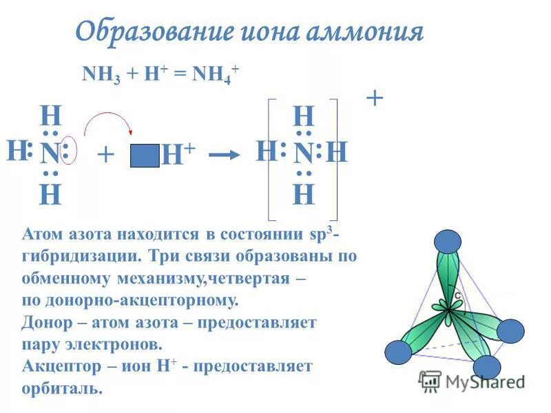 Образование связи азота. Структура Иона аммония. Схема образования молекулы nh4. Механизм образования Иона аммония nh4 +. Пространственная конфигурация Иона аммония.