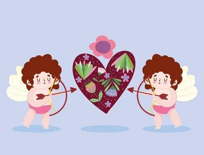amor pequeños cupidos disparando flechas corazón flores dibujos animados románti