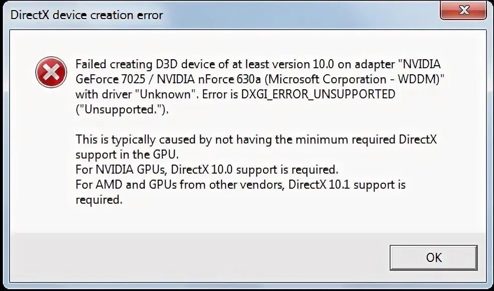 Ошибка error device lost. Crenderdevicemgrdx11 failed to create dx11 render device. crenderdevicemgrdx11::init(): failed to create dx11 render device!. crenderdevicemgrdx11:createdevice(): this application requires dx11, no valid device found!.